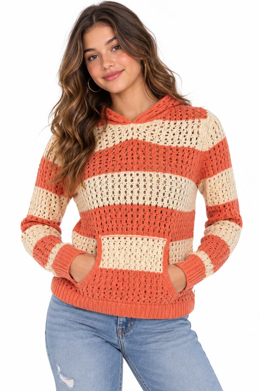 Pinc Premium Women’s Coral Cream Striped Crochet Hoodie Sweater Size L EUC